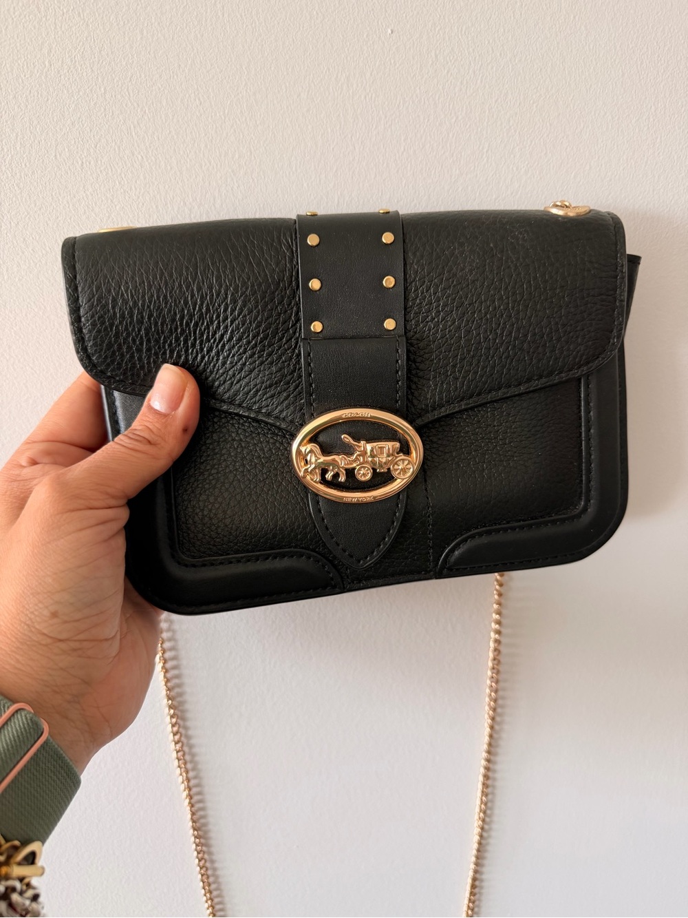 Coach Black Pebbled Leather Crossbody with Gold Hardware and Chain